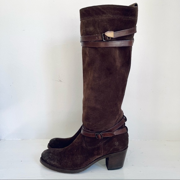 Frye Jane Strappy Tall Slouchy Boots In Dark Brown Suede Size 8 - Picture 2 of 13